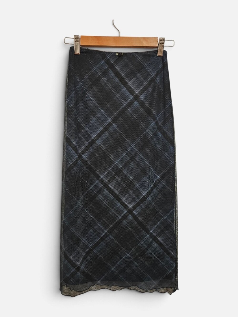 Zara Plaid Mesh Midi Skirt Sheer Black Blue Grunge Y2K Slip Skirt Sz S